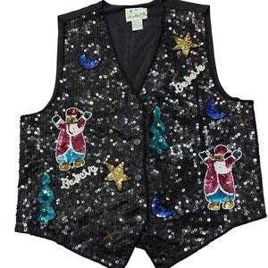 Quacker Factory Vintage Sequin Santa  Vest Women's M Black Holiday Grannycore